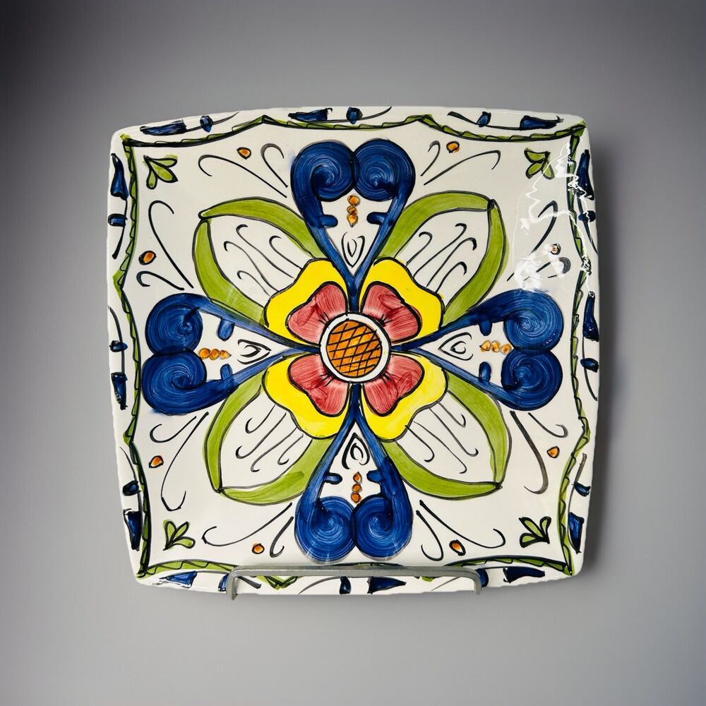 International Silver Serving Plate Platter Hand Painted Vintage blue White Art